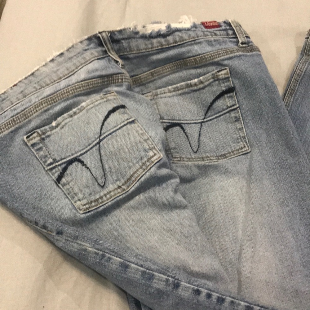 Light blue, heavy denim, bought them distressed